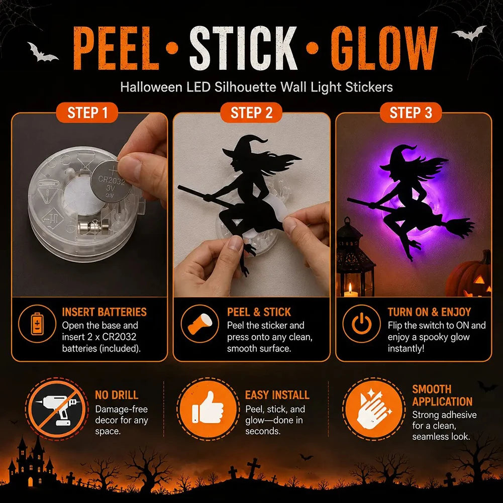 Halloween LED Wall Light Stickers – 8 Pack Glowing Silhouette Decorations | Battery Powered, Peel & Stick, No Drill | Spooky Home & Party Decor
