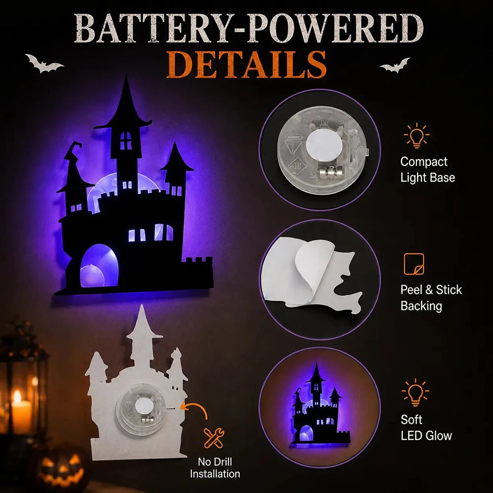 Halloween LED Wall Light Stickers – 8 Pack Glowing Silhouette Decorations | Battery Powered, Peel & Stick, No Drill | Spooky Home & Party Decor